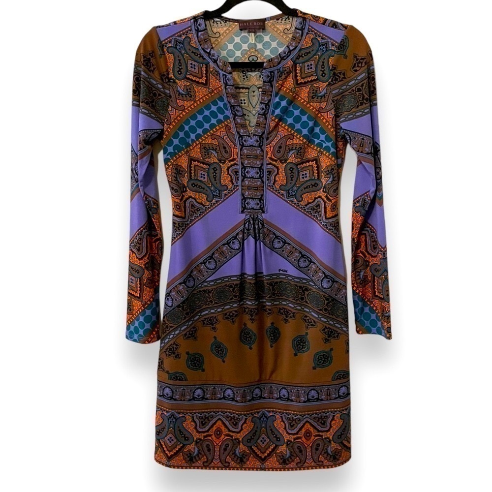 💗 Hale Bob Boho Paisley Mini Dress | Designer Resort Wear XS Purple